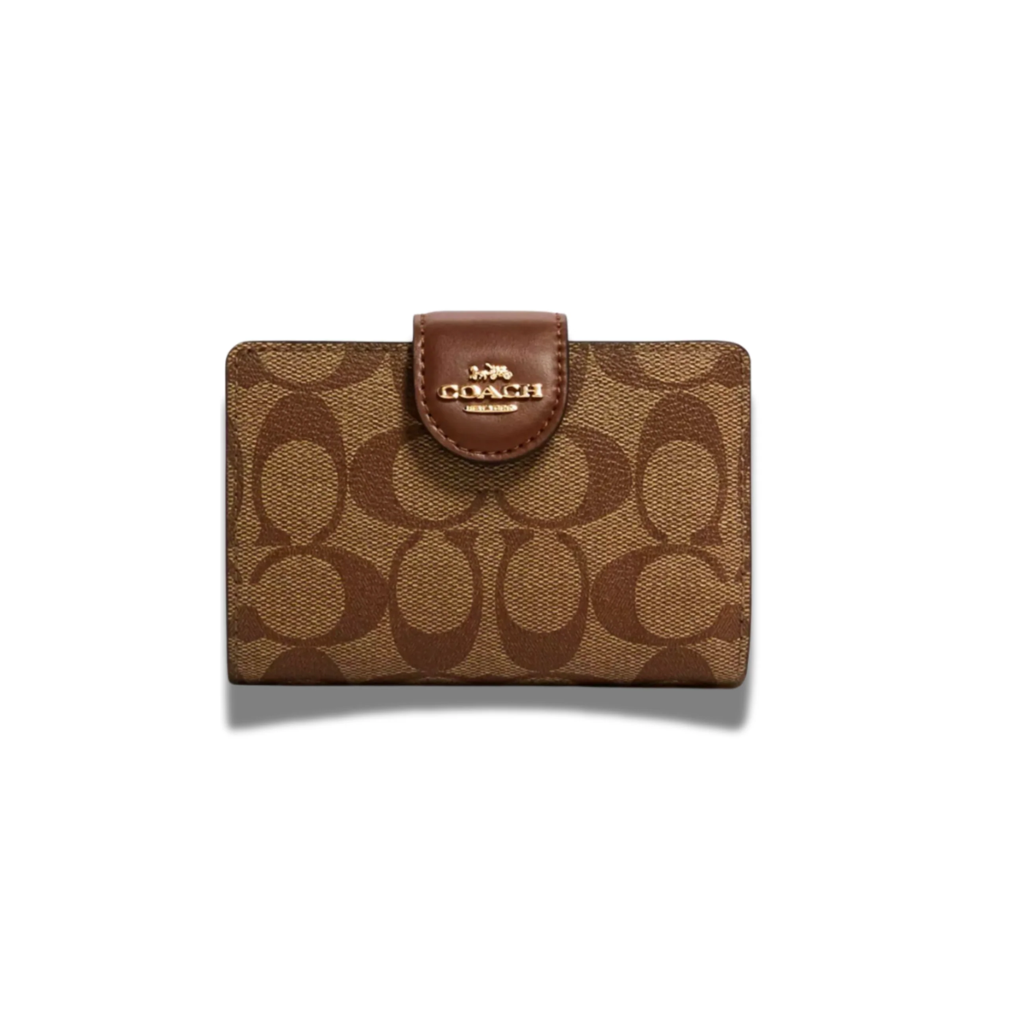 Billetera Coach mediana monograma cafe con camel