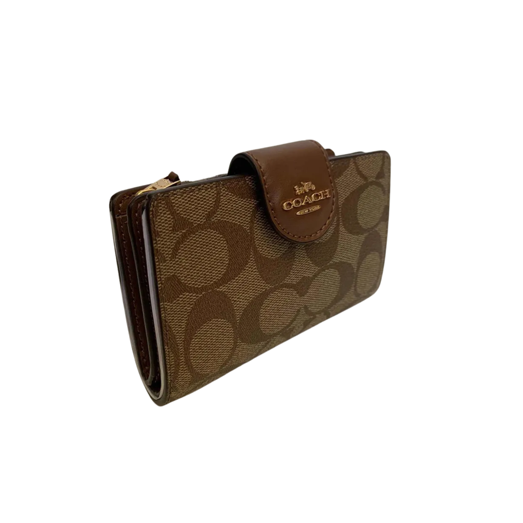 Billetera Coach mediana monograma cafe con camel