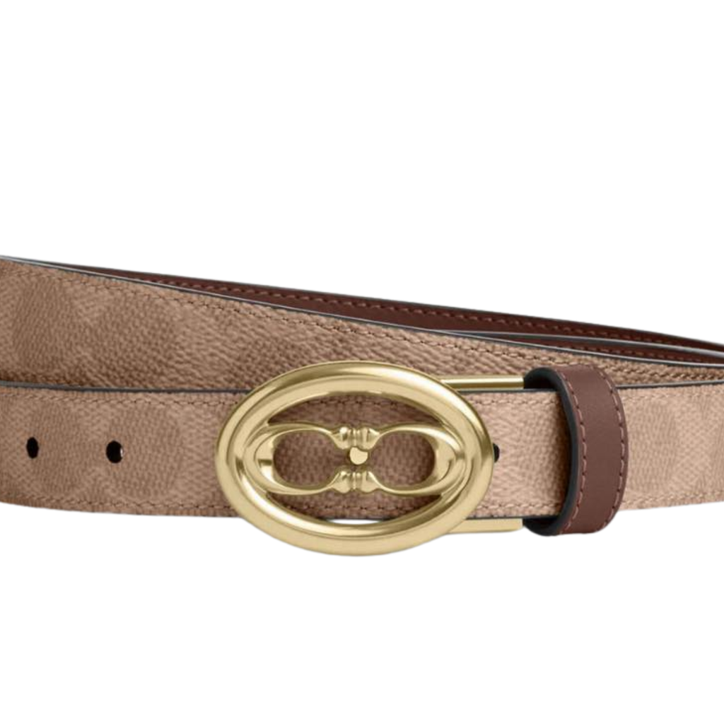 Cinturon coach reversible cafe con monograma beige hebilla dorada