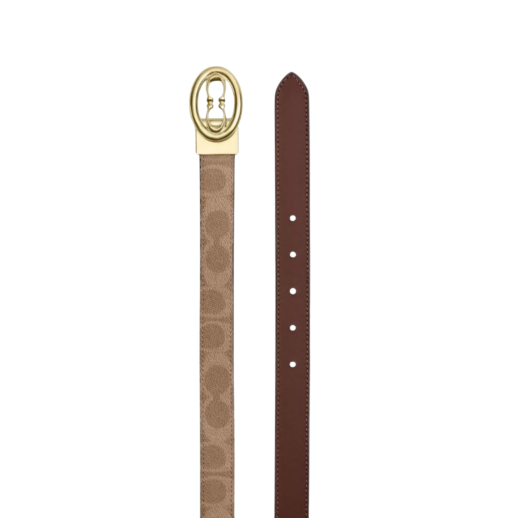 Cinturon coach reversible cafe con monograma beige hebilla dorada