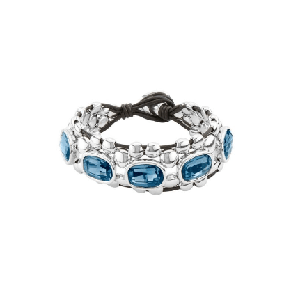 Pulsera Uno de 50 plata con cristales grandes azules y cuero