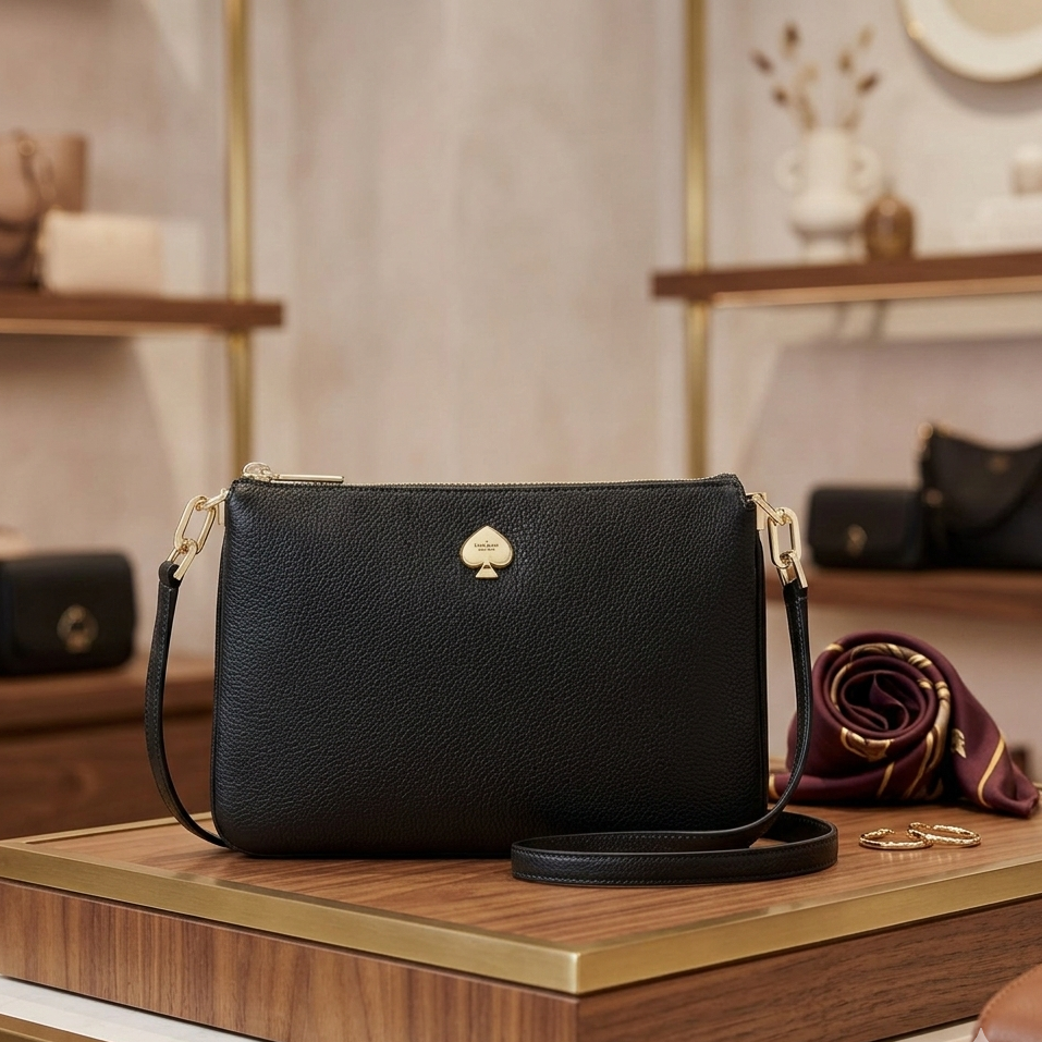 Cartera Kate Spade Kayla crossbody rectangular tres separaciones cuero liso negro