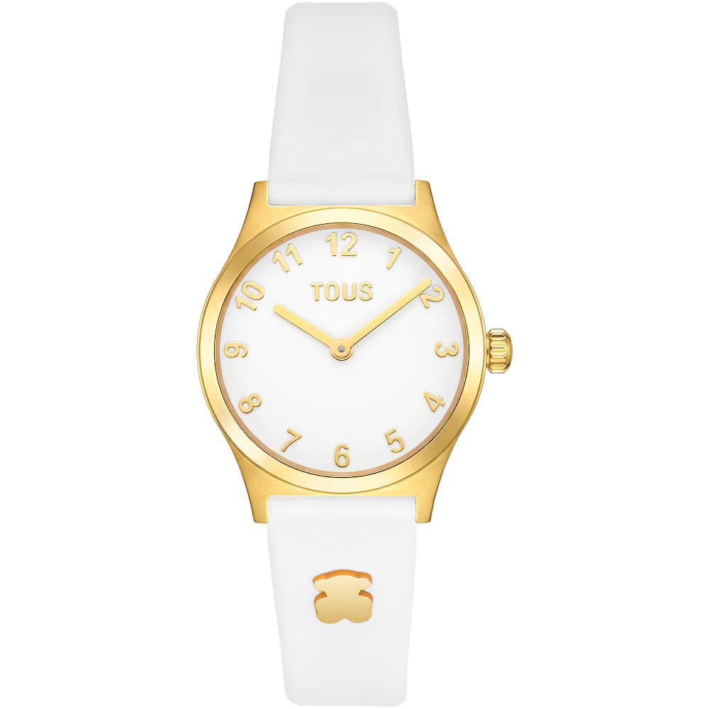 Reloj Tous correa de cuero blanco detalles dorados fondo blanco