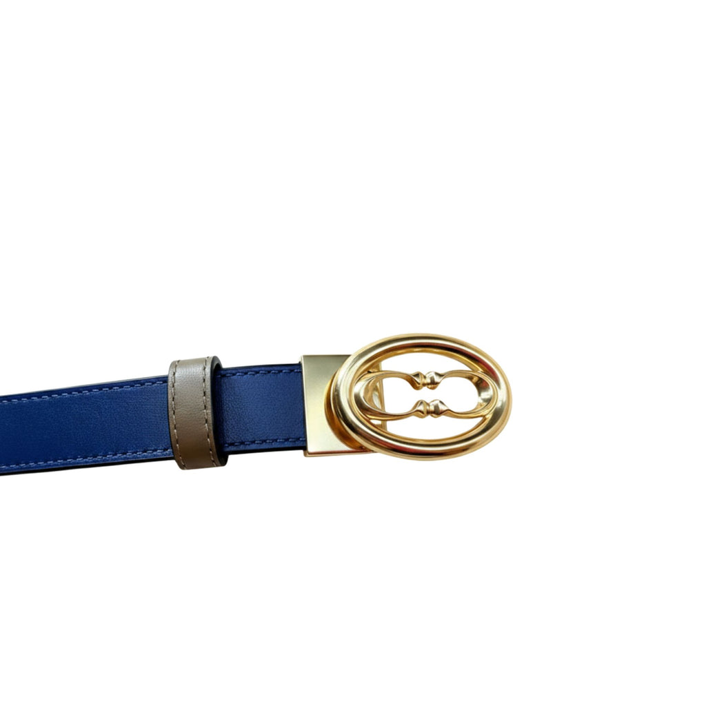 Cinturon coach reversible azul con taupe hebilla dorada