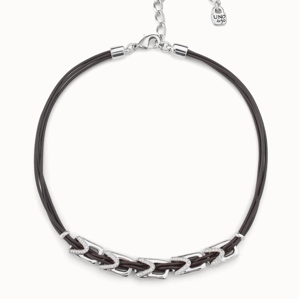 Collar uno de 50 De Cuero con Eslabones con topacios de plata