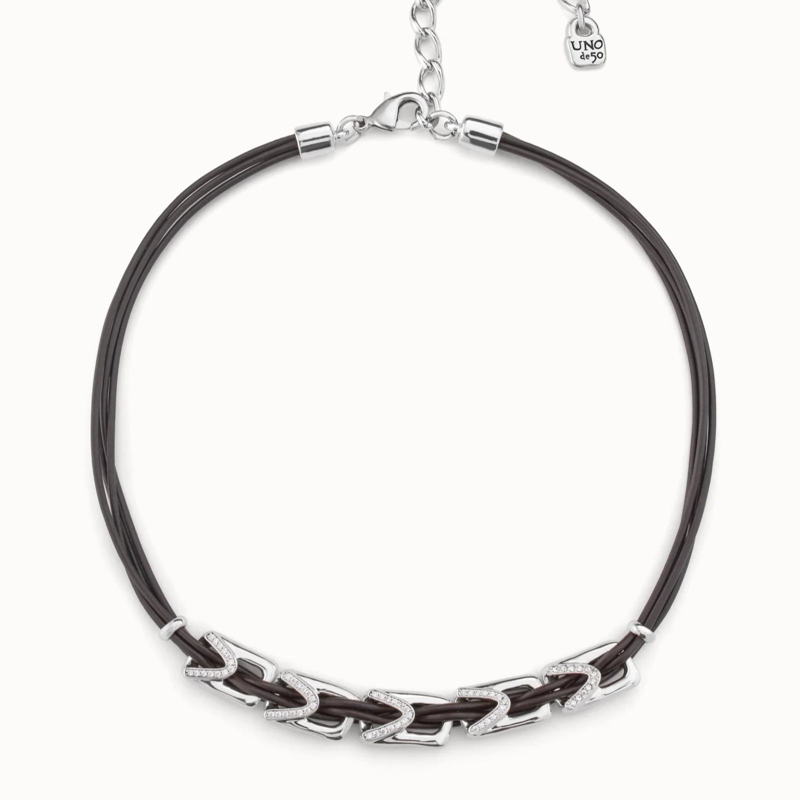 Collar uno de 50 De Cuero con Eslabones con topacios de plata