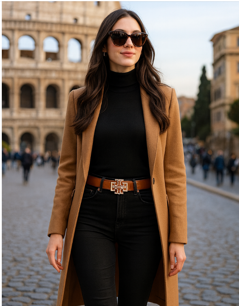 Cinturon Tory Burch Reversible Camel con rojo anaranjado hebilla Dorada