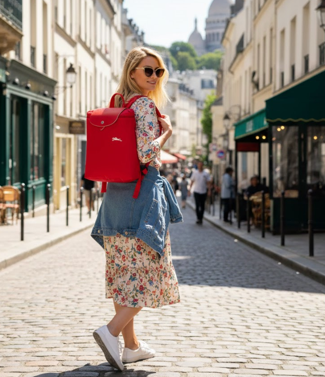 Mochila Longchamp roja completa letras blancas