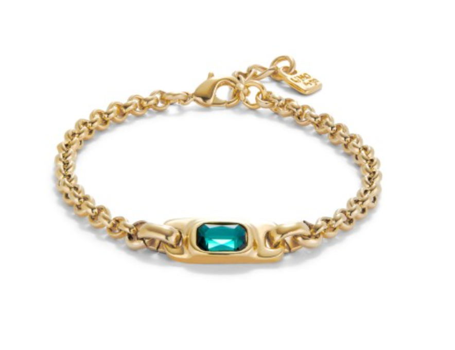 Pulsera Uno de 50 Ser magnetica eslabones con doble baño de oro 18k y piedra verde