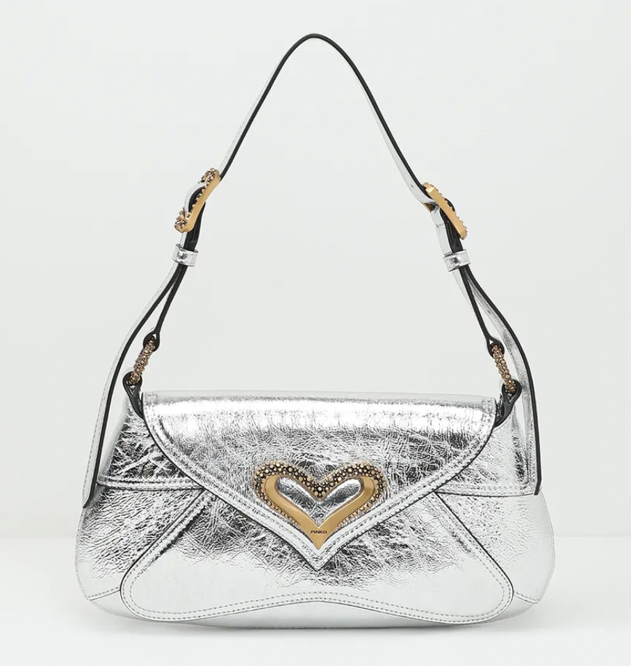 Cartera Pinko Shoulderbag Classic Grande Charol Plateado corazon dorado