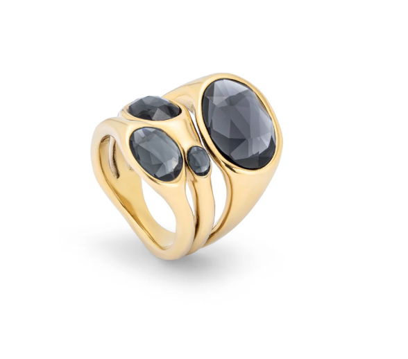 Anillo Uno de 50 doble baño de oro con 4 piedras gris