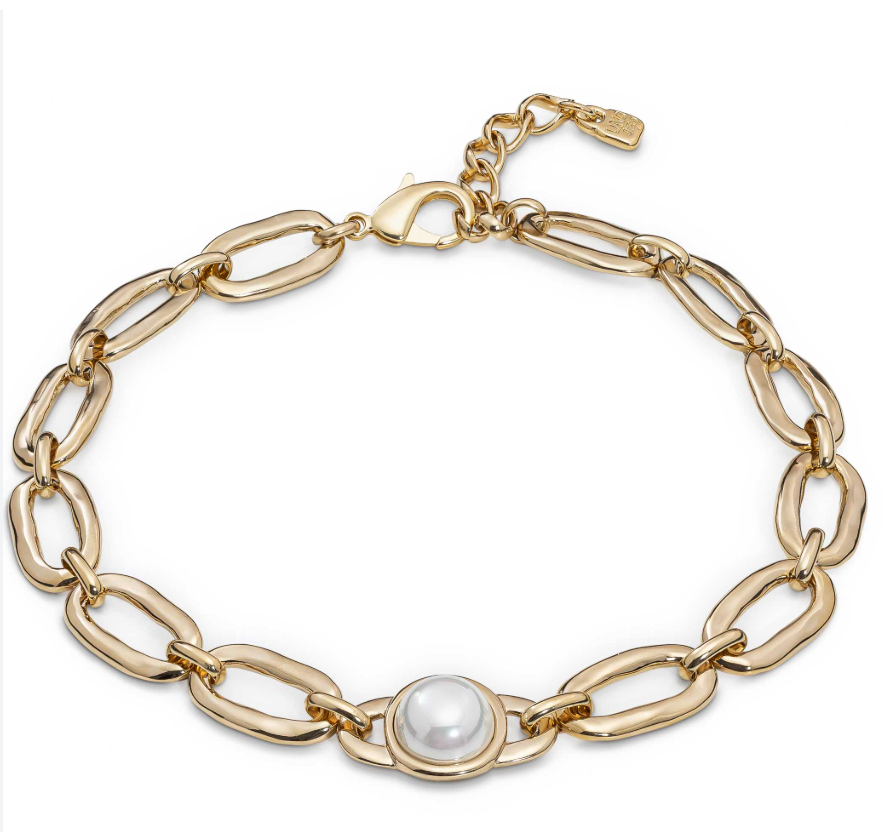 Collar Uno de 50 con doble baño de oro 18k, eslabones grandes con una perla al centro