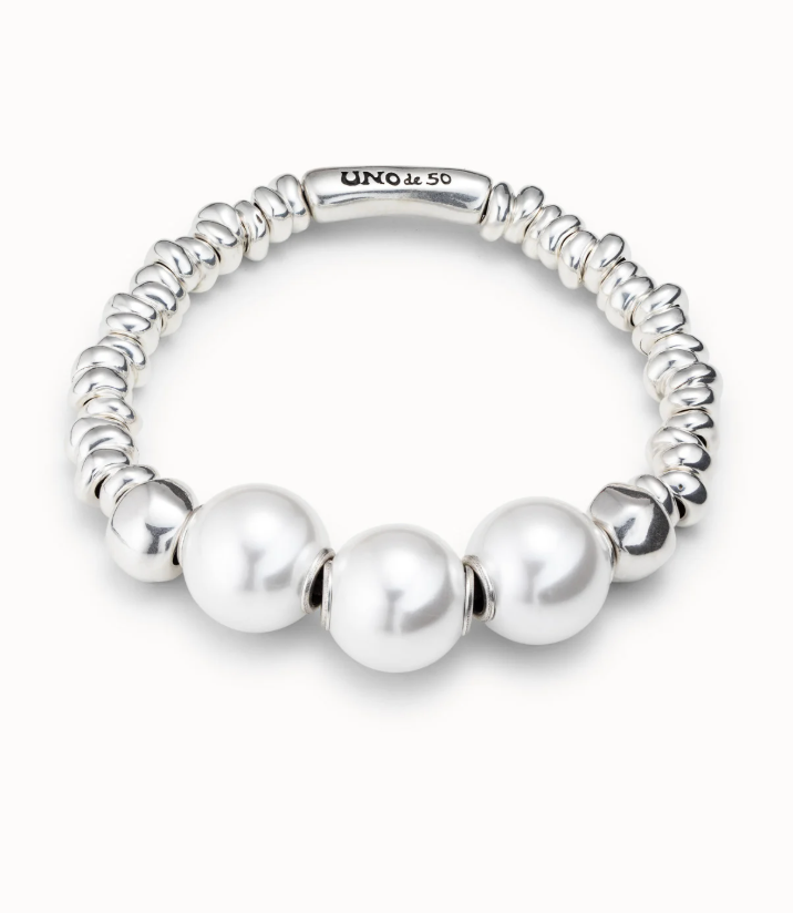 Pulsera Uno de 50 elasticada de 3 perlas en plata