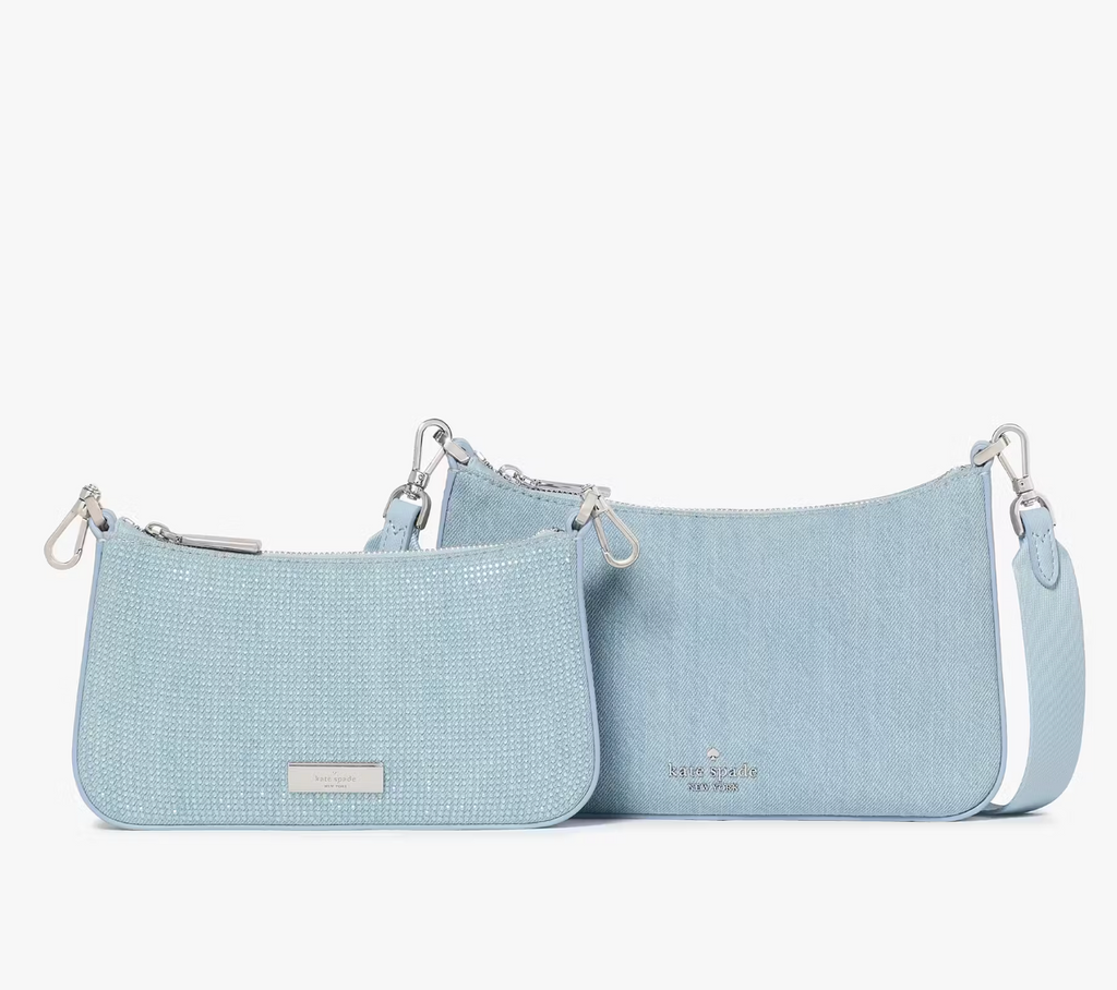 Cartera Kate Spade Duet Denim Doble Crossbody de jeans con brillantes celeste