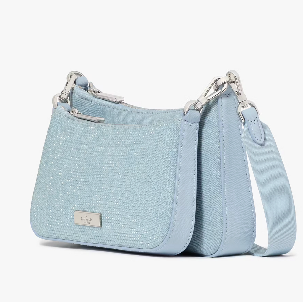 Cartera Kate Spade Duet Denim Doble Crossbody de jeans con brillantes celeste