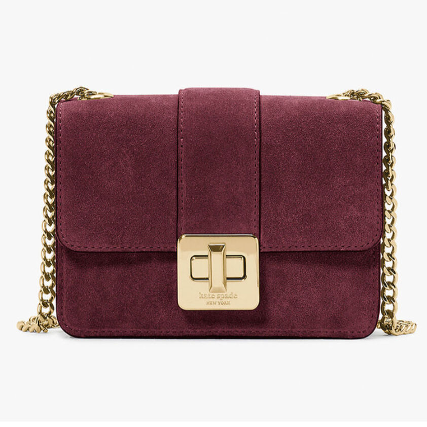 Cartera Kate Spade Phoebe Gamuza cuadrada broche dorado pequeña burdeo