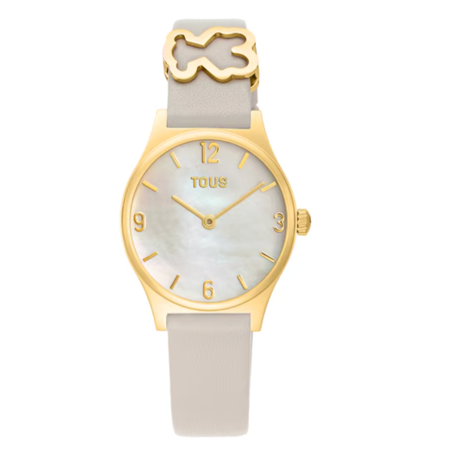 Reloj Tous Epic Icon brazalete de piel blanca, acero dorado y esfera de nácar
