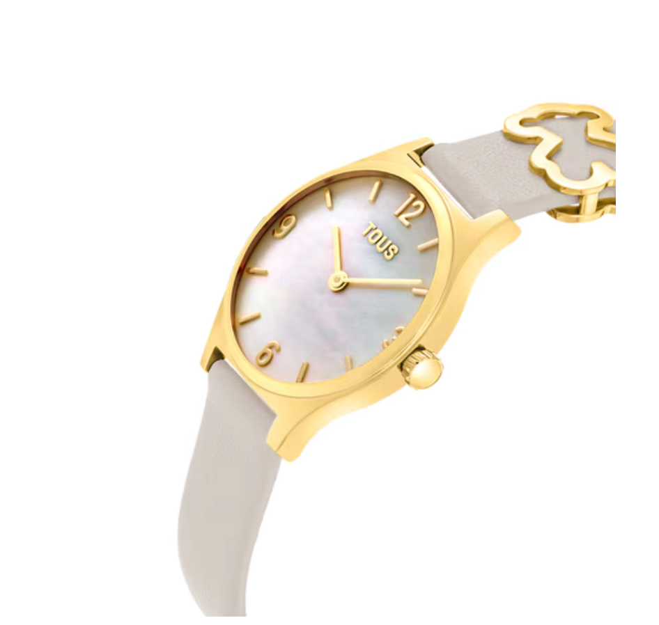 Reloj Tous Epic Icon brazalete de piel blanca, acero dorado y esfera de nácar