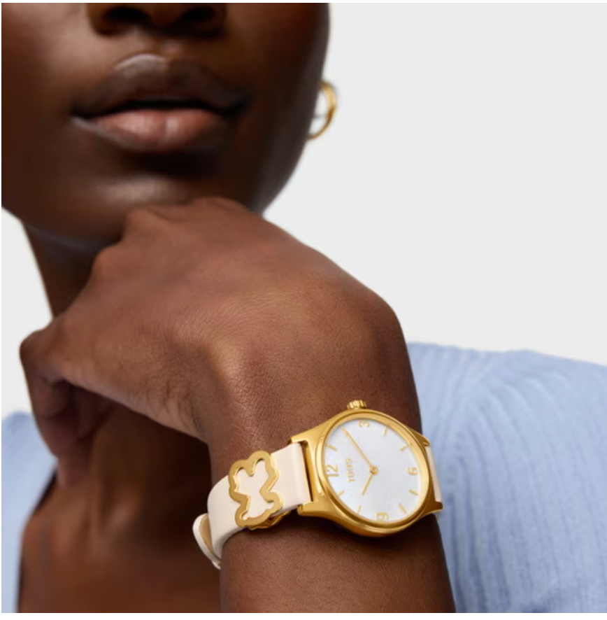 Reloj Tous Epic Icon brazalete de piel blanca, acero dorado y esfera de nácar