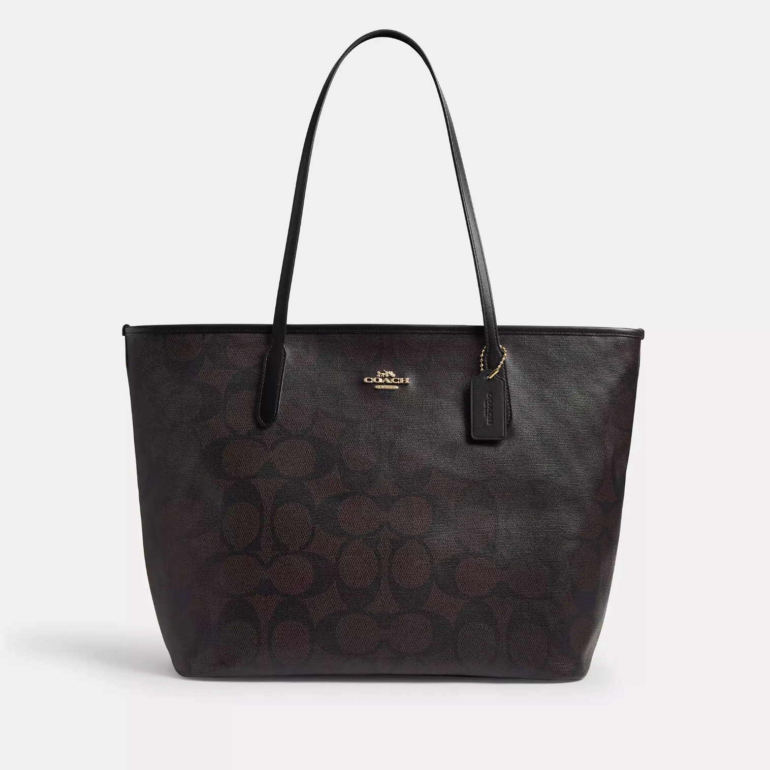 Cartera Coach Tote grande monograma café con negro
