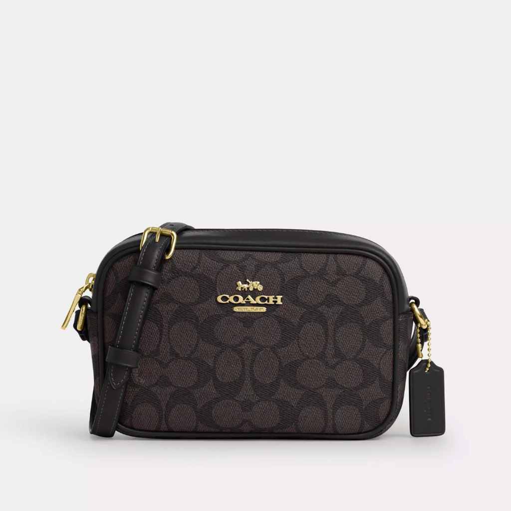 Cartera Coach Crossbody mini jamie camera bag monograma café con negro