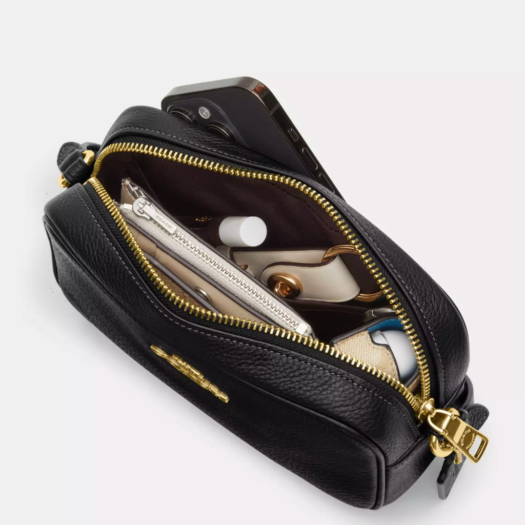 Cartera Coach Crossbody mini jamie camera bag monograma café con negro