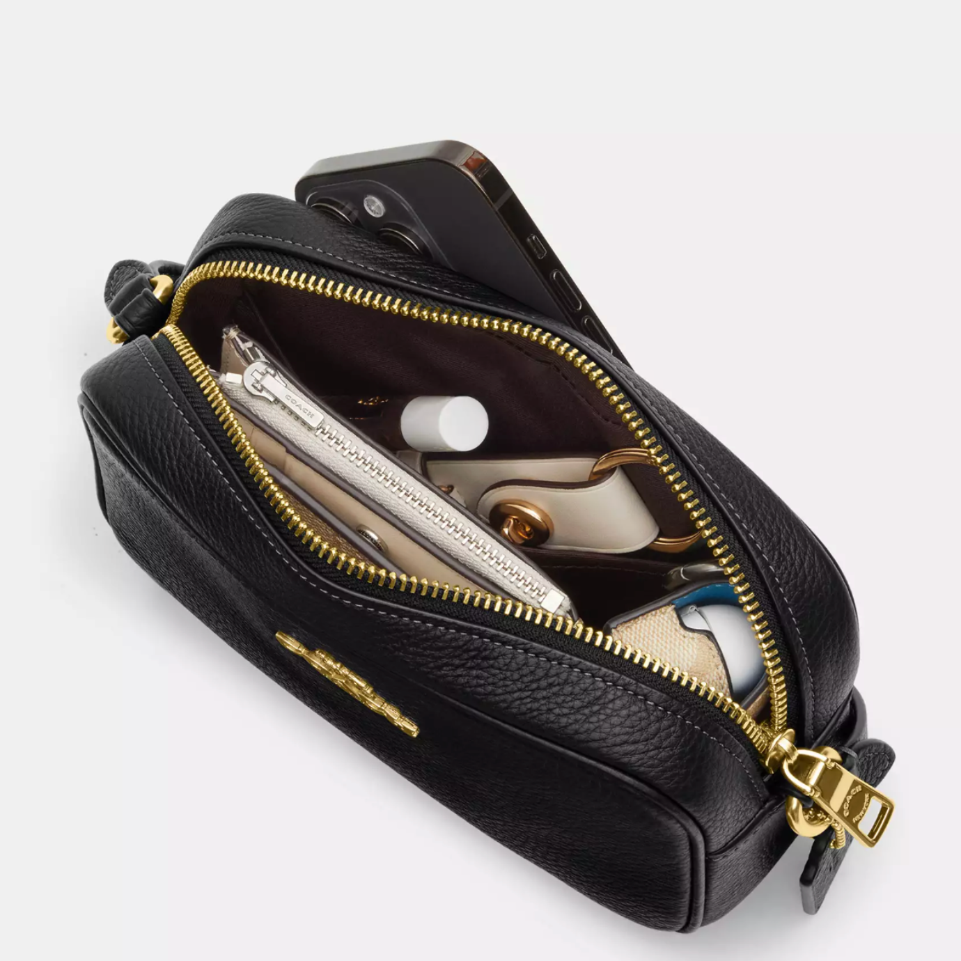 Cartera Coach Crossbody mini jamie camera bag monograma café con negro