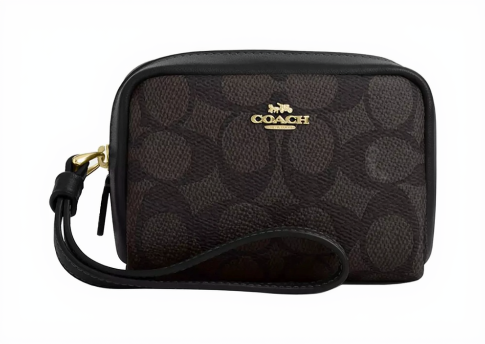 Monedero Coach Pouch Wrislet monograma negro con café moro