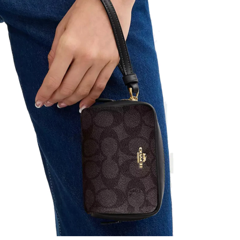 Monedero Coach Pouch Wrislet monograma negro con café moro