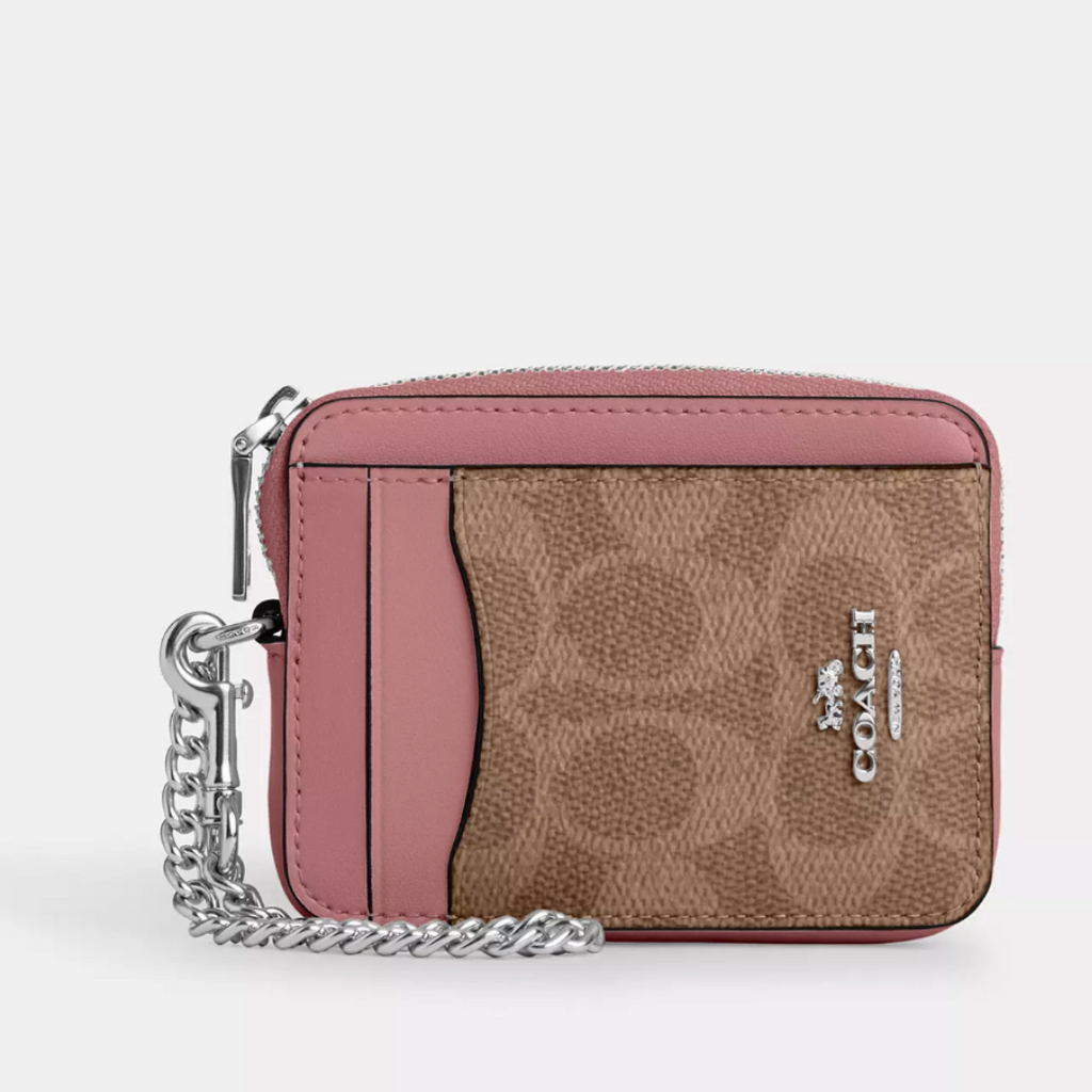 Tarjetero Billetera Coach monograma café y rosa