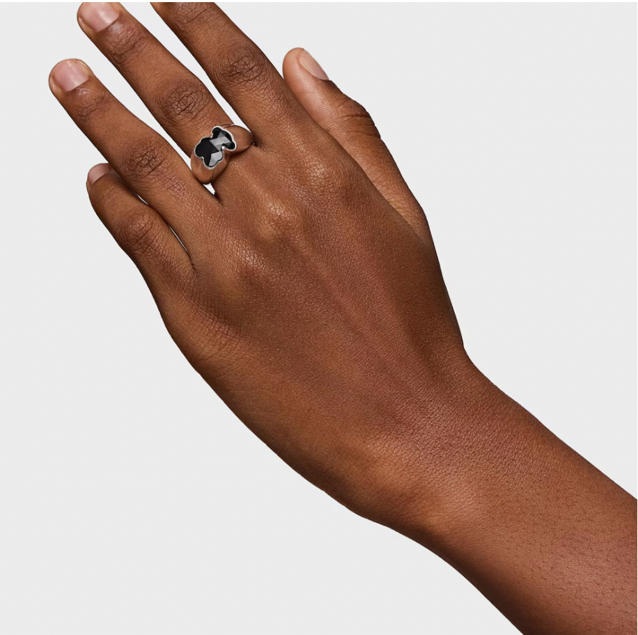 Anillo Tous mediano de plata y motivo oso en ónix