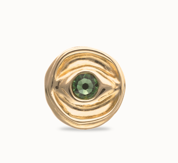 Anillo Uno de 50 Doble baño oro 18k forma de ojo con cristal verde