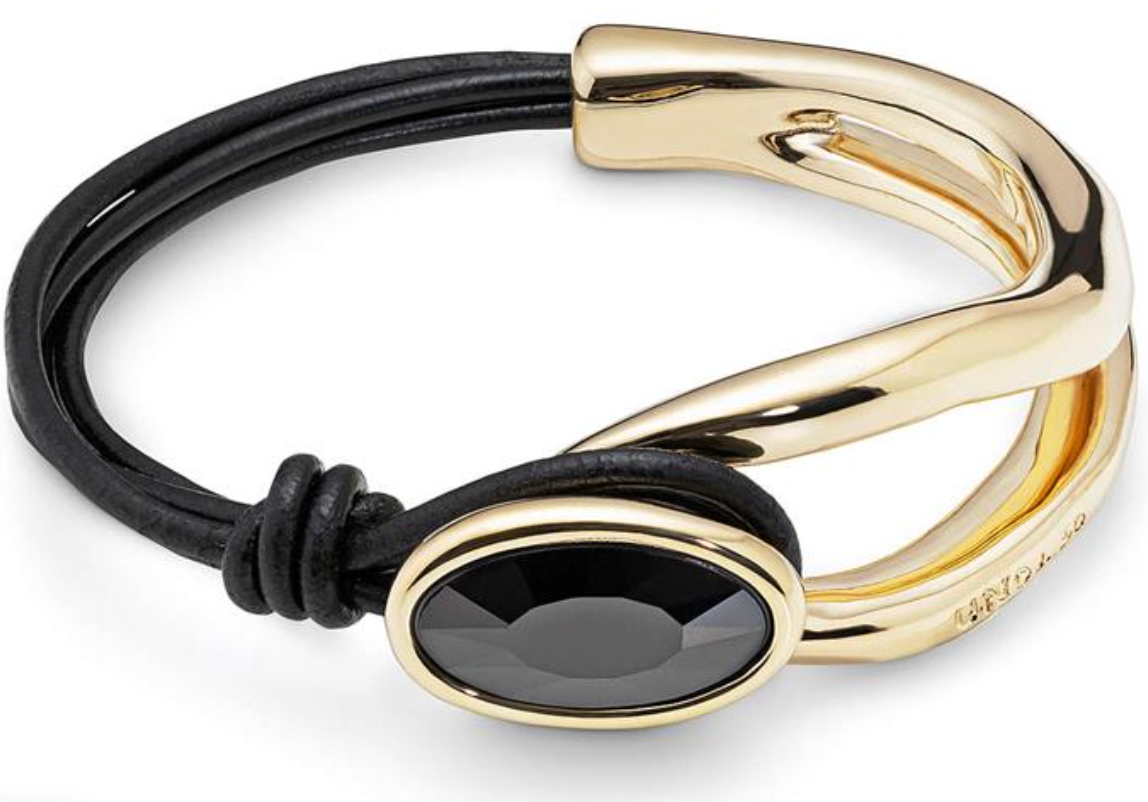 Pulsera Uno de 50 Madame doble baño de oro de 18k mitad cuero con piedra tipo onix negro
