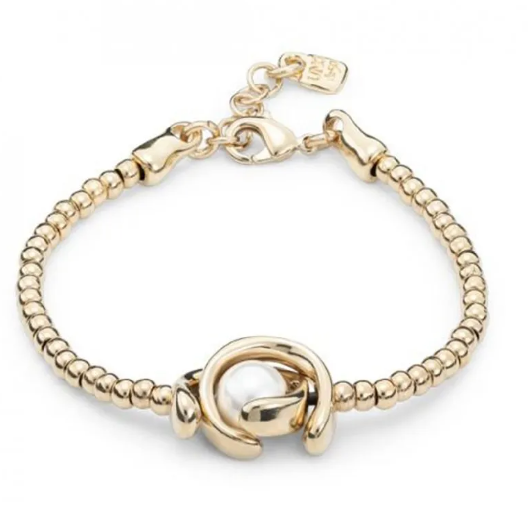 Pulsera Uno de 50 Little moon Doble baño de oro delgada con una perla en el centro