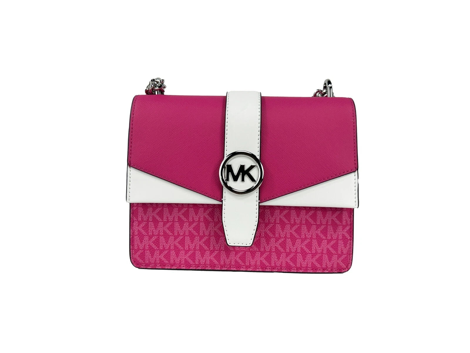 Cartera Michael Kors Crossbody Greenwich pequeña fucsia con blanco