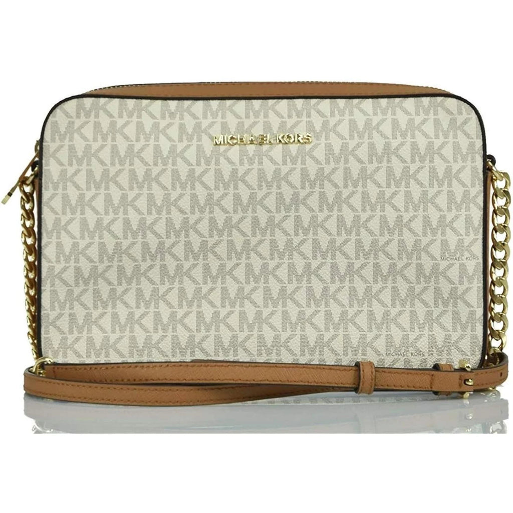 Cartera Michael Kors Crossbody East West monograma vainilla con camel