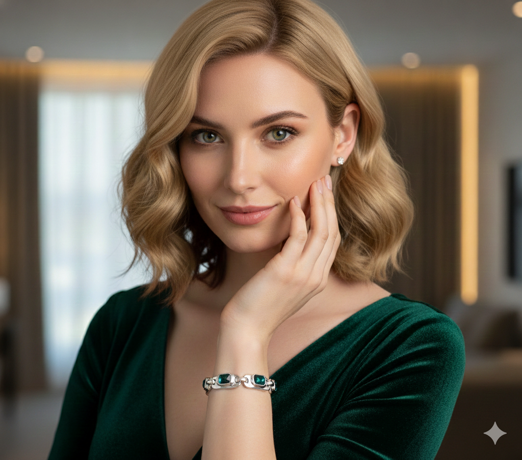 Pulsera Uno de 50 Ser magnetica Plata con muchas piedras verdes