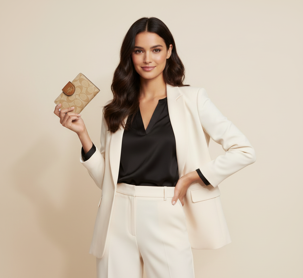 Billetera Coach Mediana Monograma Letras beige con camel