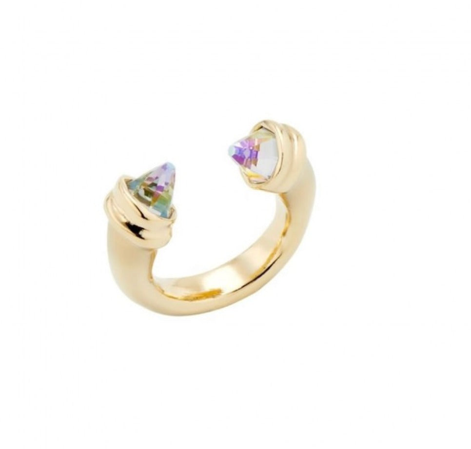 Anillo uno de 50 Crystal Clear Doble baño de oro 18k abierto con puntas critales transparentes