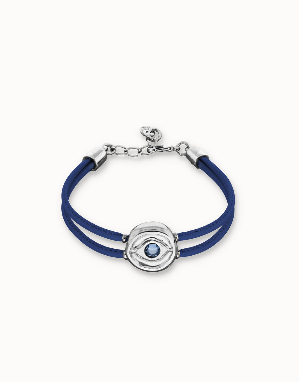 Pulsera Uno de 50 doble de cuero azul con ojo bañado en plata de ley