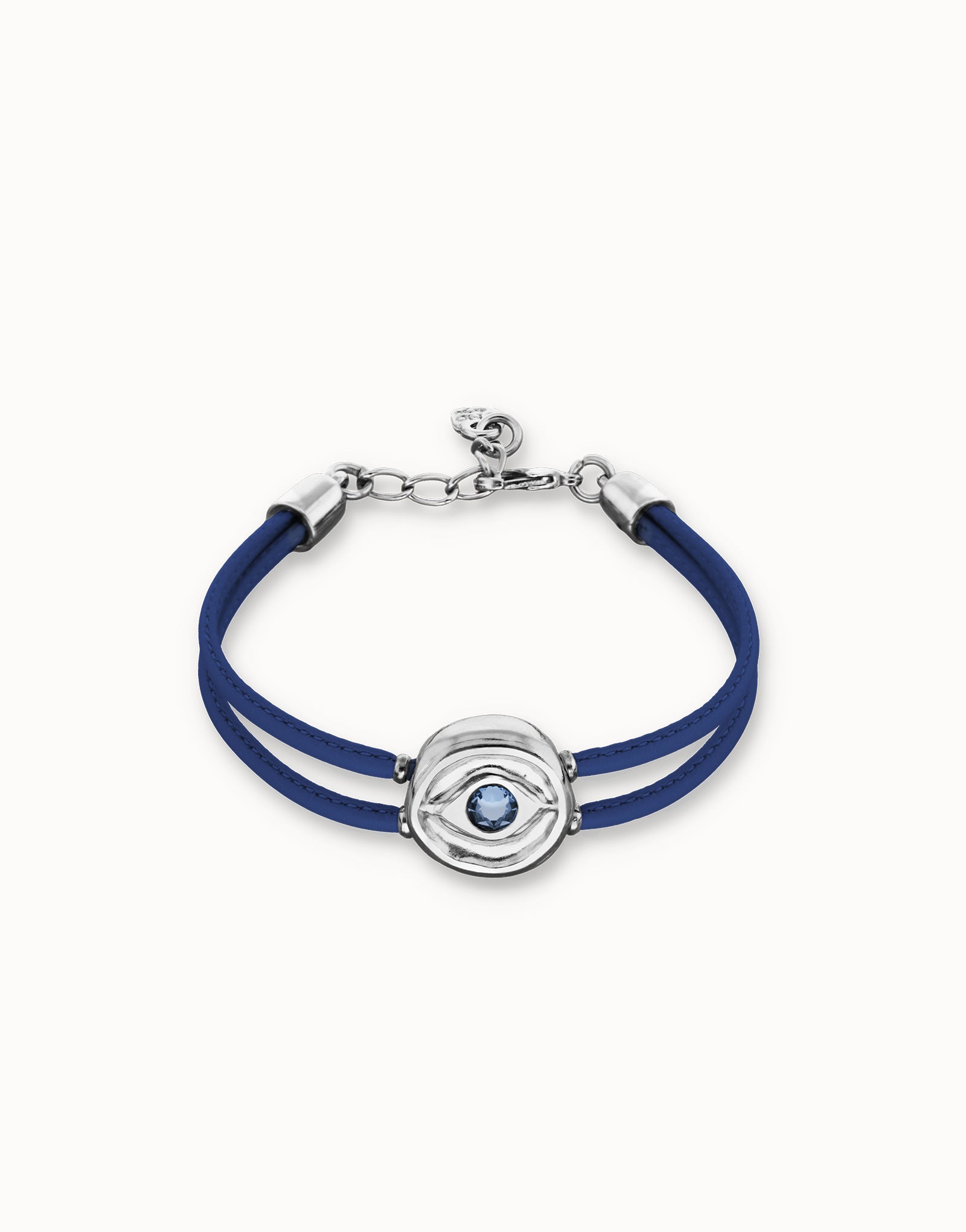 Pulsera Uno de 50 doble de cuero azul con ojo bañado en plata de ley