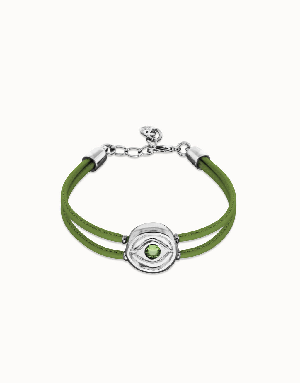 Pulsera Uno de 50 doble de cuero verde con ojo bañado en plata de ley