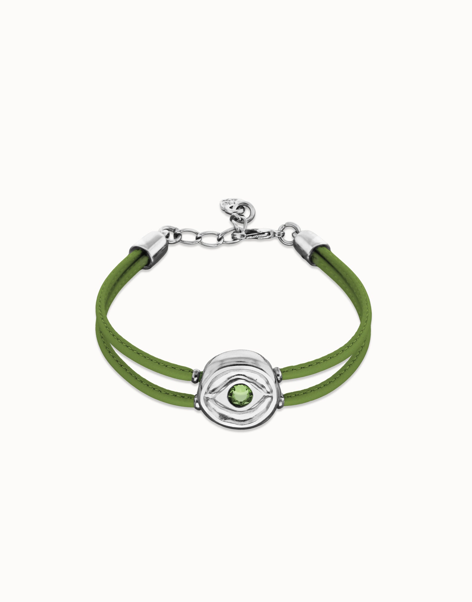 Pulsera Uno de 50 doble de cuero verde con ojo bañado en plata de ley