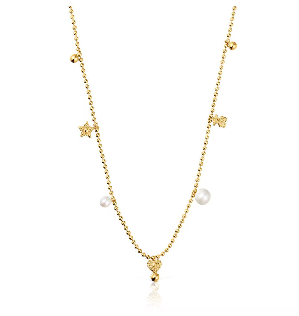 Collar Tous corto con baño de oro de 18 kt sobre plata, perlas cultivadas y motivos Grain