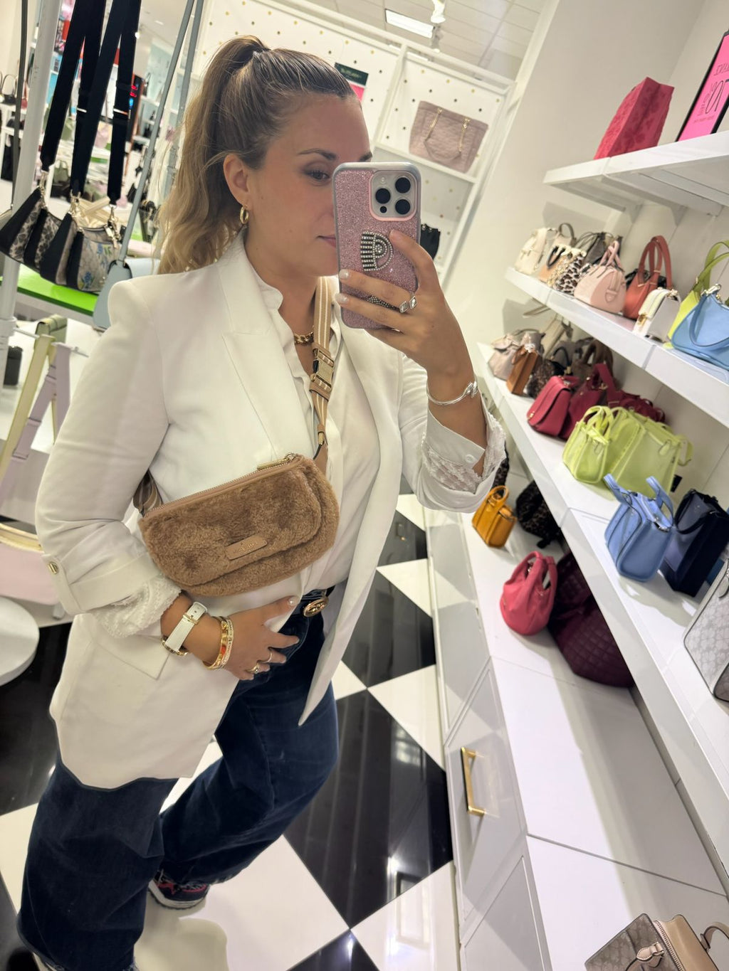 Riñonera Kate Spade Rosie Cuero Peludo Camel