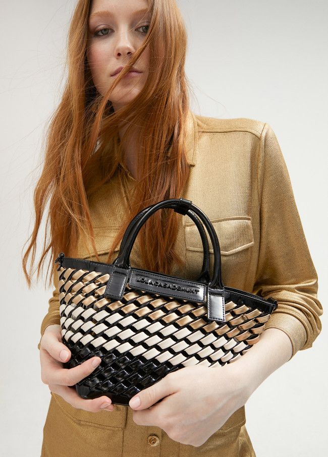 Mini Tote Lola Casademunt Trenzado negro blanco dorado