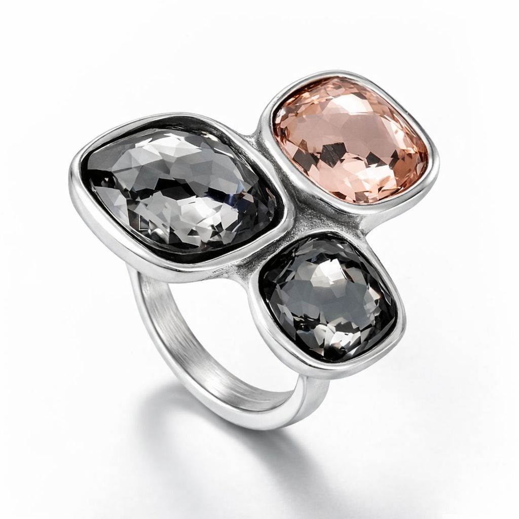 Anillo Uno de 50 con 3 cristales grafito y rosado