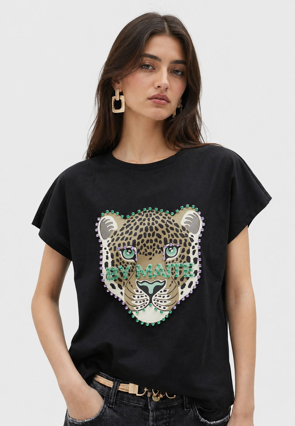 Polera Lola Casademunt Cara leopardo Piedras Negra