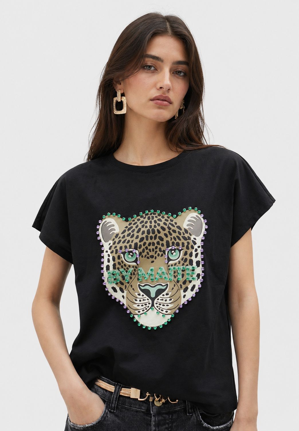 Polera Lola Casademunt Cara leopardo Piedras Negra