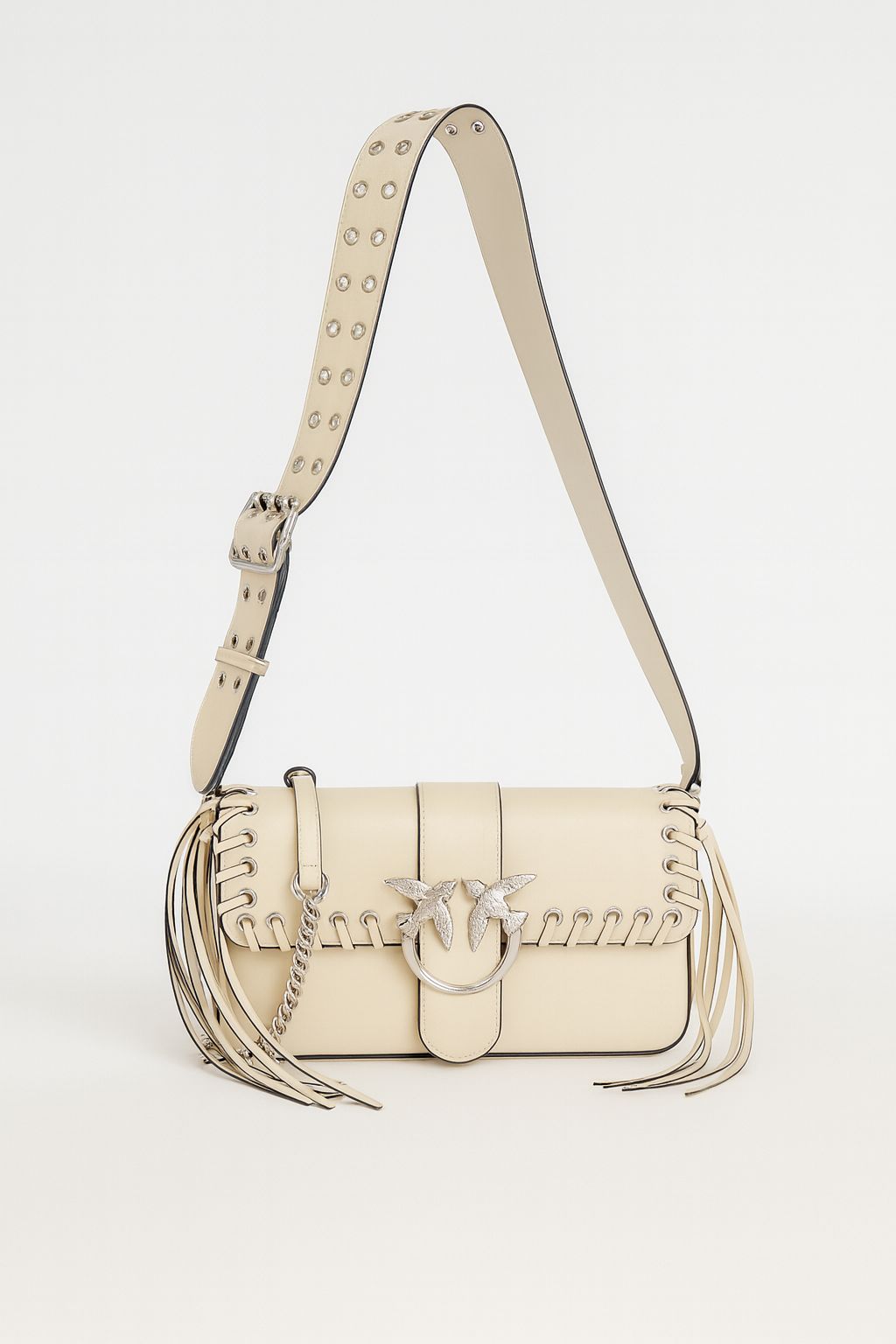Cartera Pinko Love One Classicc Slouchy flecos Blanca herrajes plata